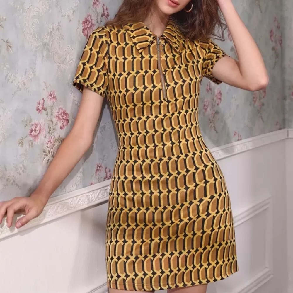 Stylish Yellow and Black Patterned Dress